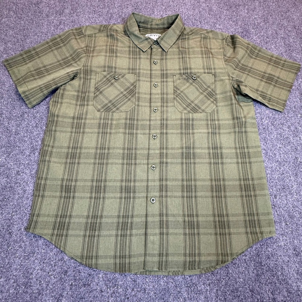 Orvis Classic Collection Mens Large Olive Green Plaid Short Sleeve Shirt 1494392